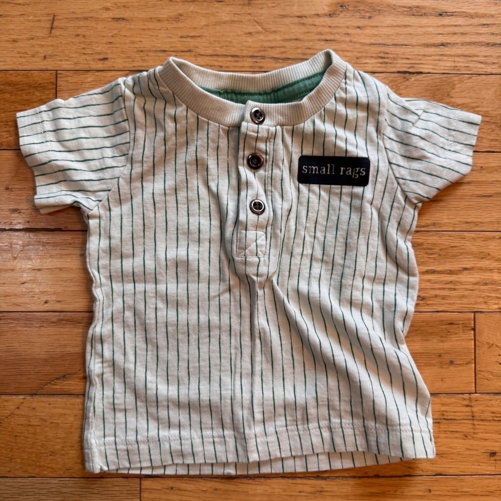 Small Rags Boys Cream Green Pinstripe Henley‎ T-Shirt Cotton Size 6M